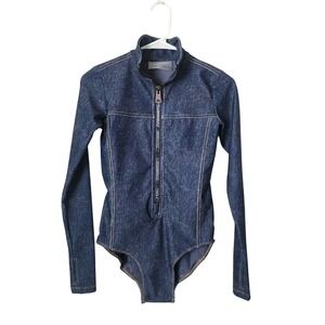 WATSKIN Danielle Bodysuit Denim Blue Zip Front Long Sleeve Swim UPF 50+ S